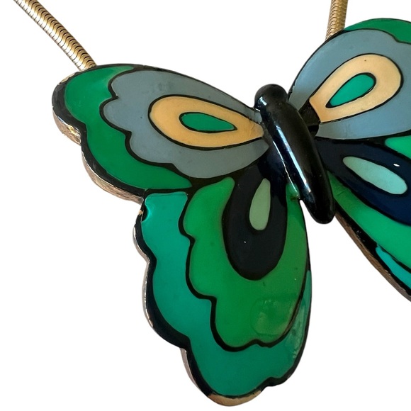 Eisenberg • Vintage Enamel Modernist Butterfly Pendant Necklace Gold Tone Green - Picture 7 of 15